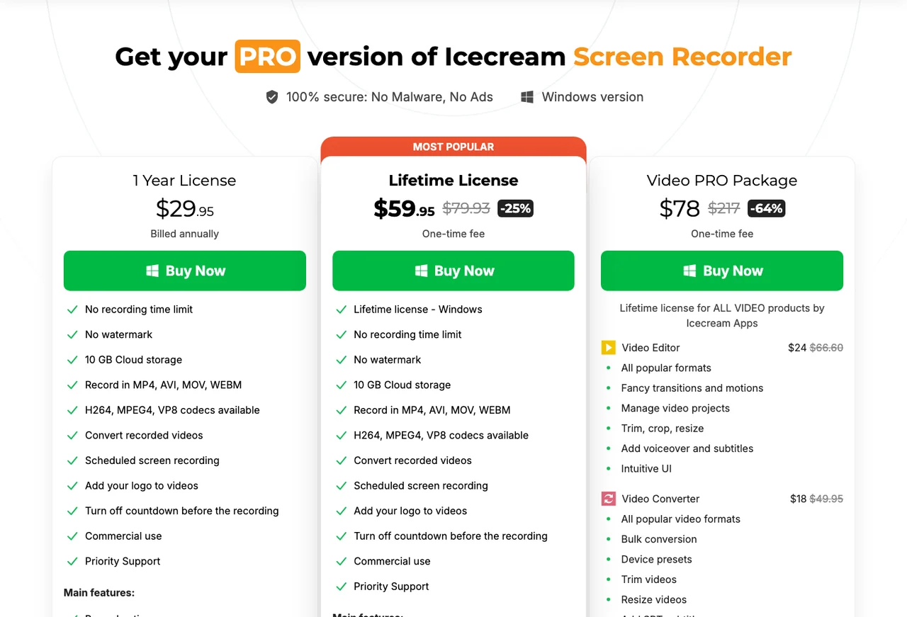 Official Icecream Screen Recorder PRO page showing plan cards and plan-side feature claims