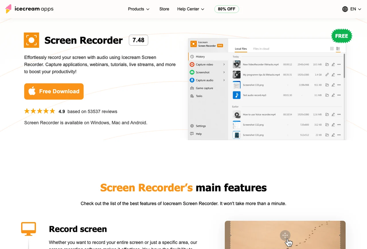 Official Icecream Screen Recorder product page showing the recorder positioning and feature sections