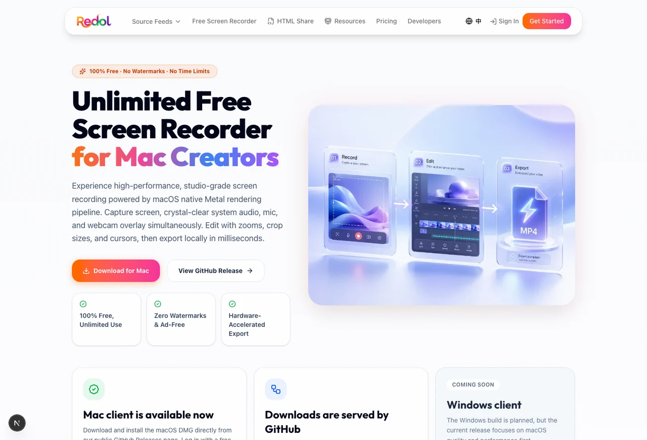 Rendered Redol Screen Recorder page showing Mac recording, local export, and Windows planned status
