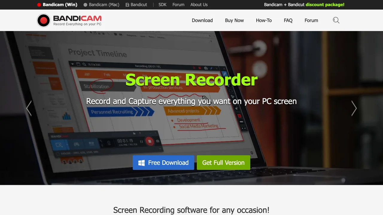 Official Bandicam page showing screen, game, and webcam recording options
