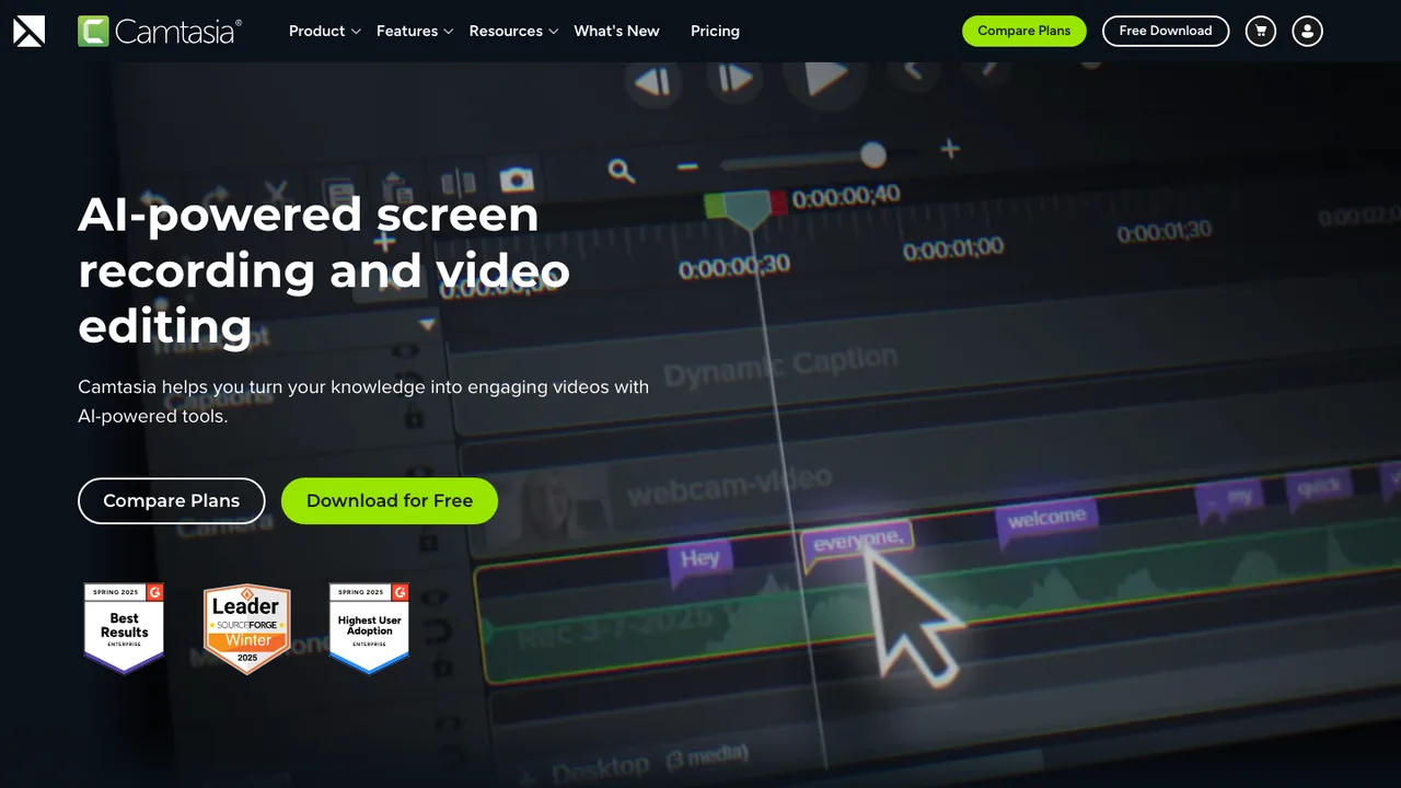 Official Camtasia page showing the recorder and editing workflow
