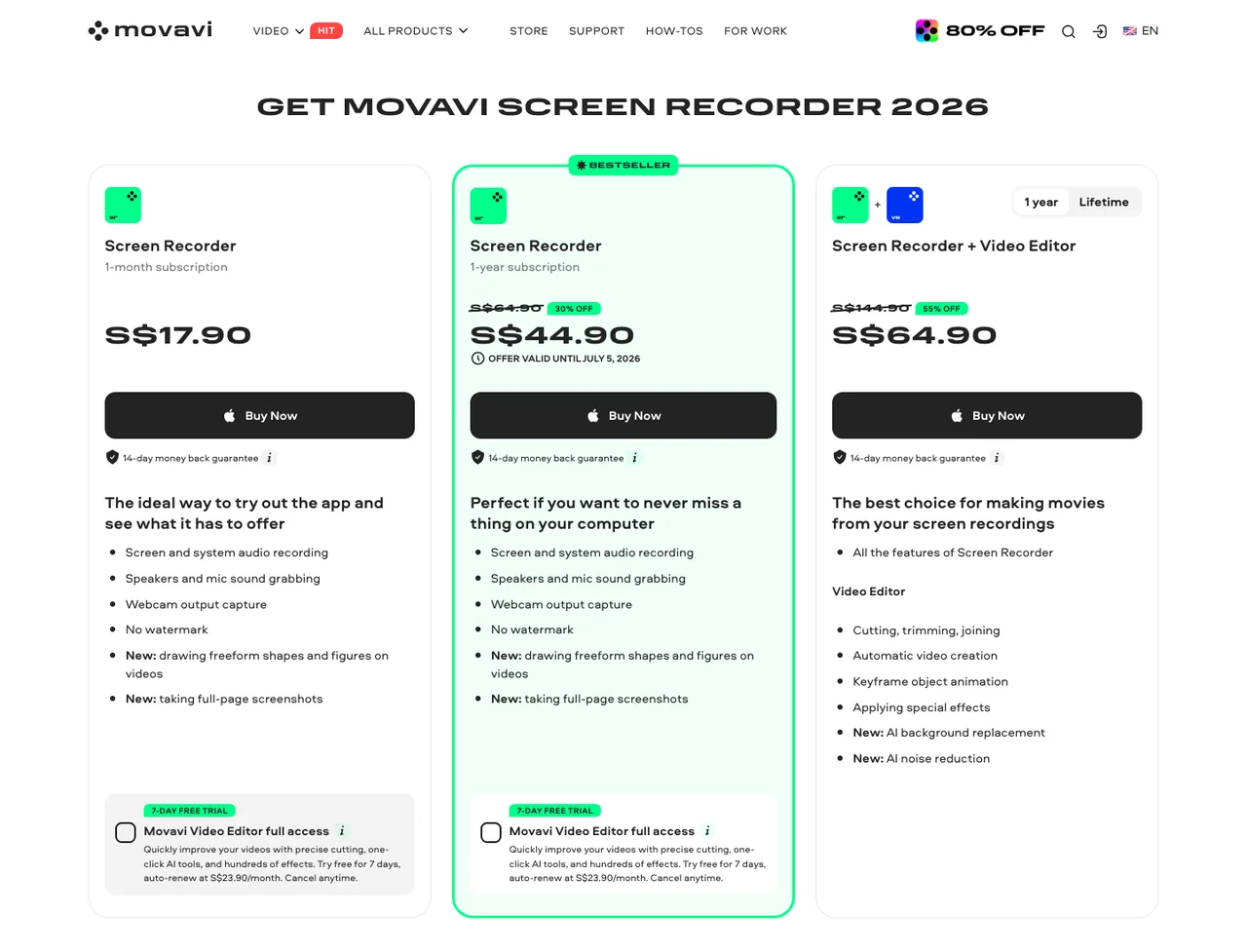 Official Movavi buy page showing plan choices, money-back guarantee copy, and feature bullets
