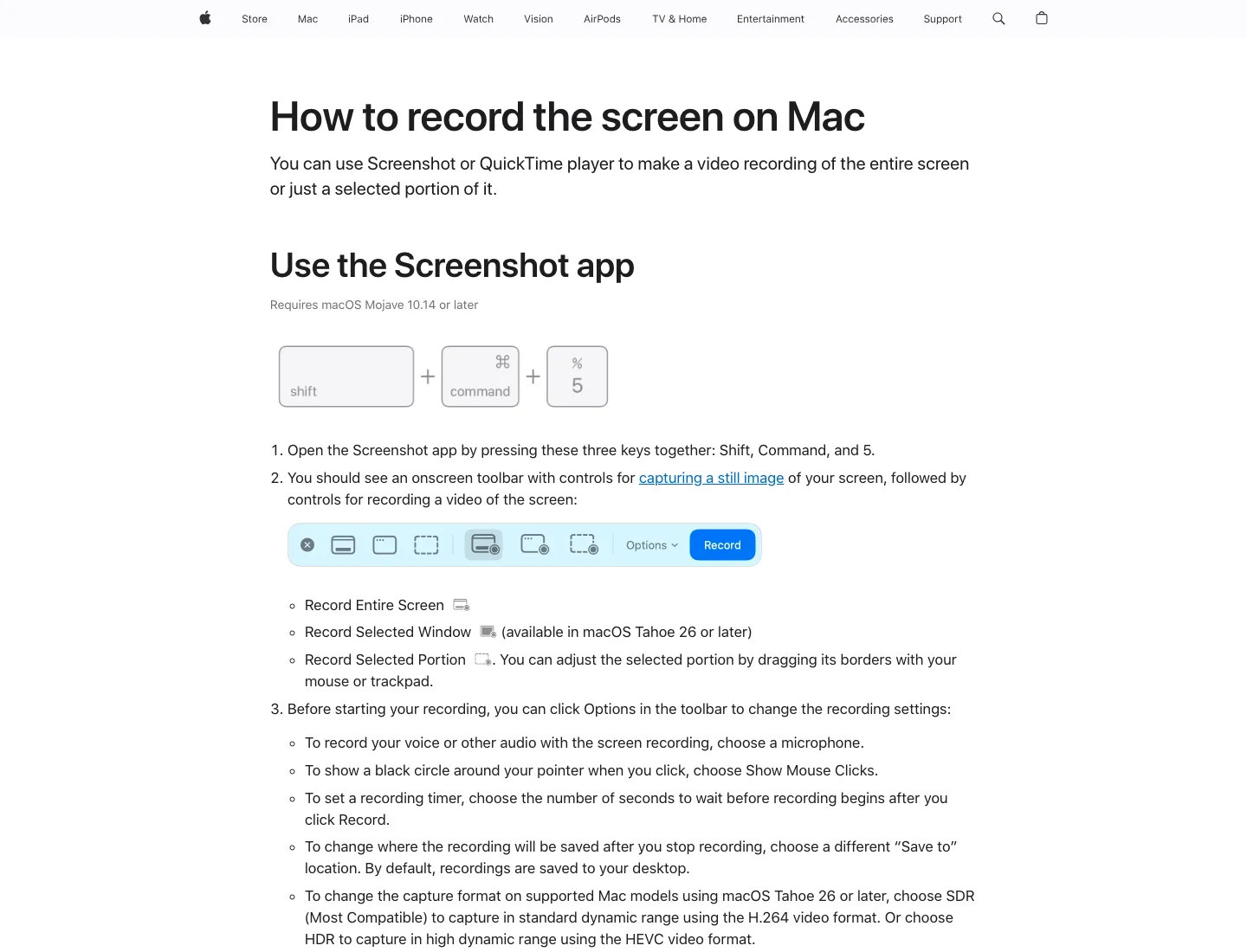Apple Support page for recording the screen on Mac