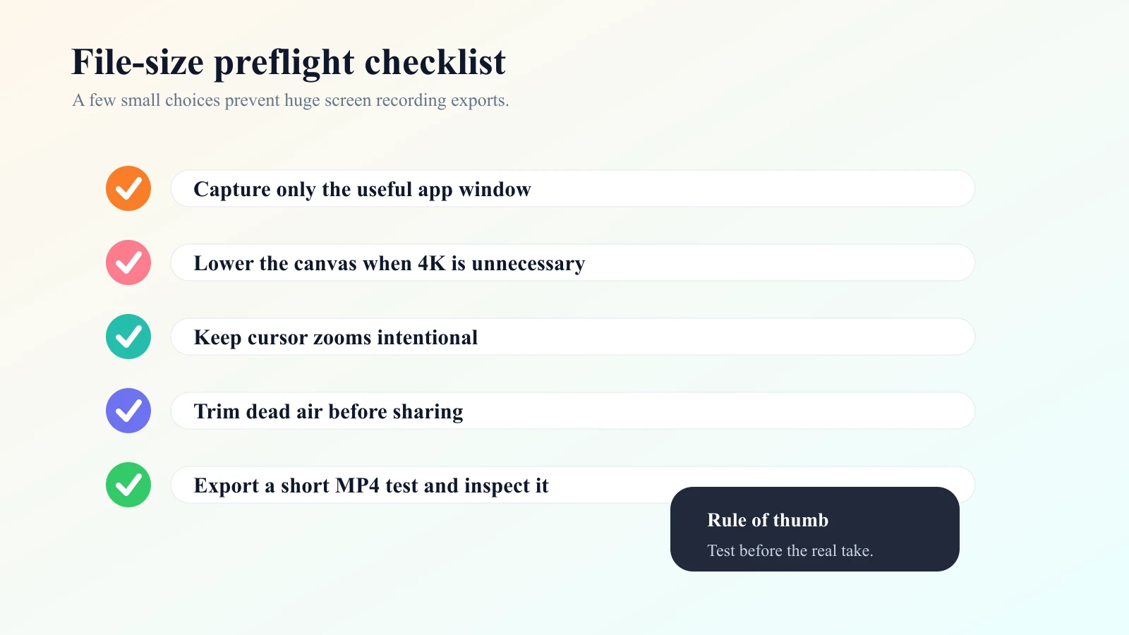 File-size preflight checklist for preventing oversized Mac screen recordings