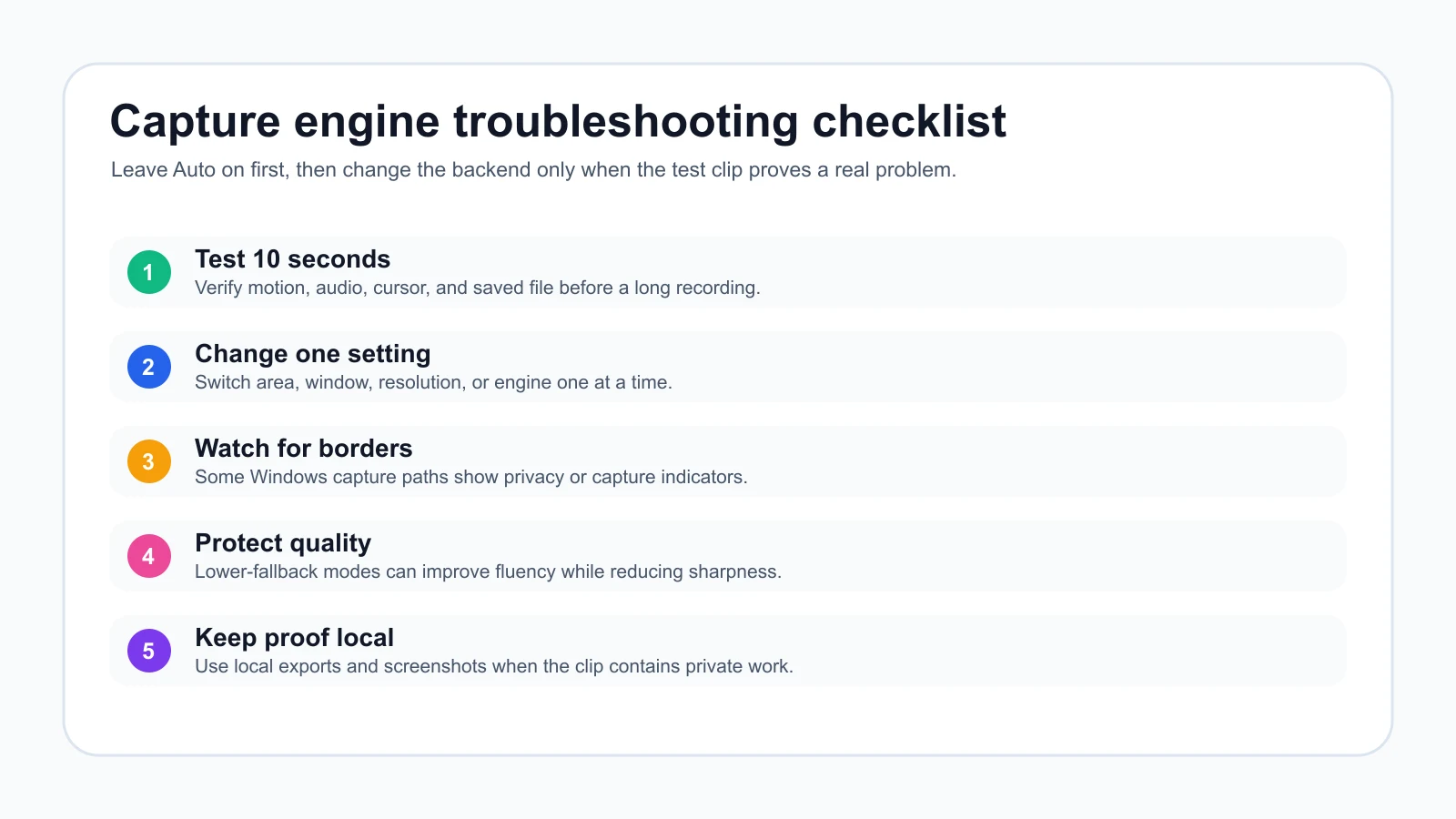 Checklist for troubleshooting screen capture engine modes without hurting quality or privacy