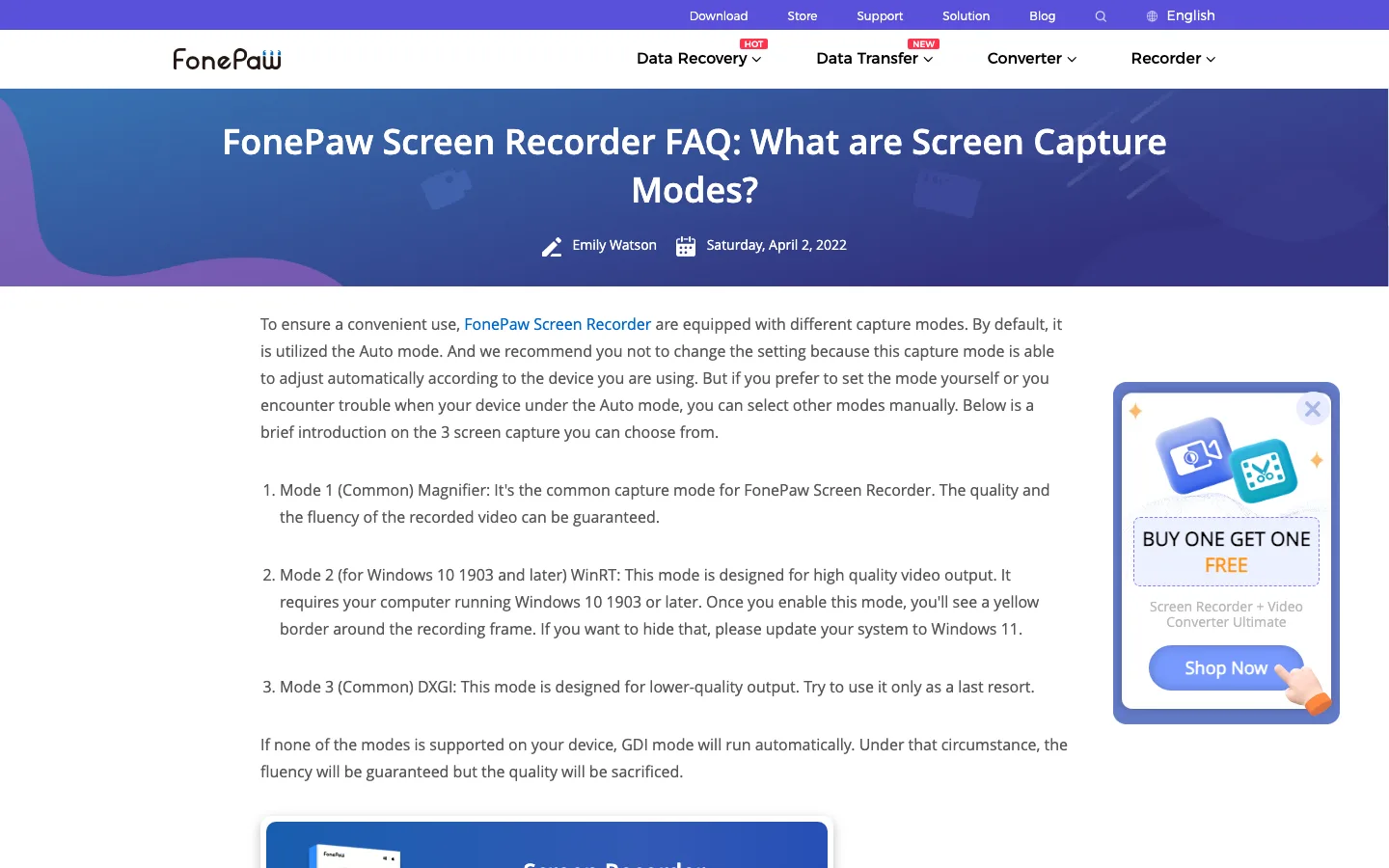 FonePaw FAQ page describing Auto, Magnifier, WinRT, DXGI, and GDI screen capture modes