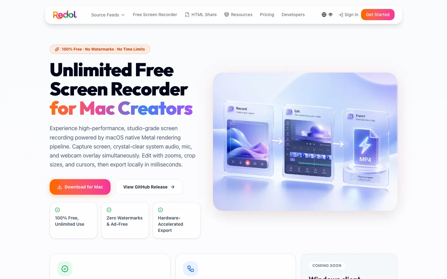 Rendered Redol Screen Recorder page showing the current Mac recording, editing, and local export positioning