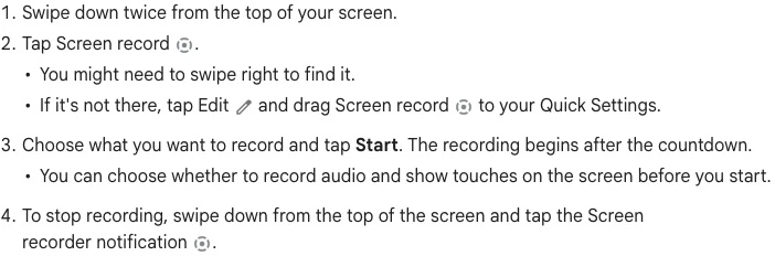 Google Android Help steps for starting and stopping the built-in screen recorder