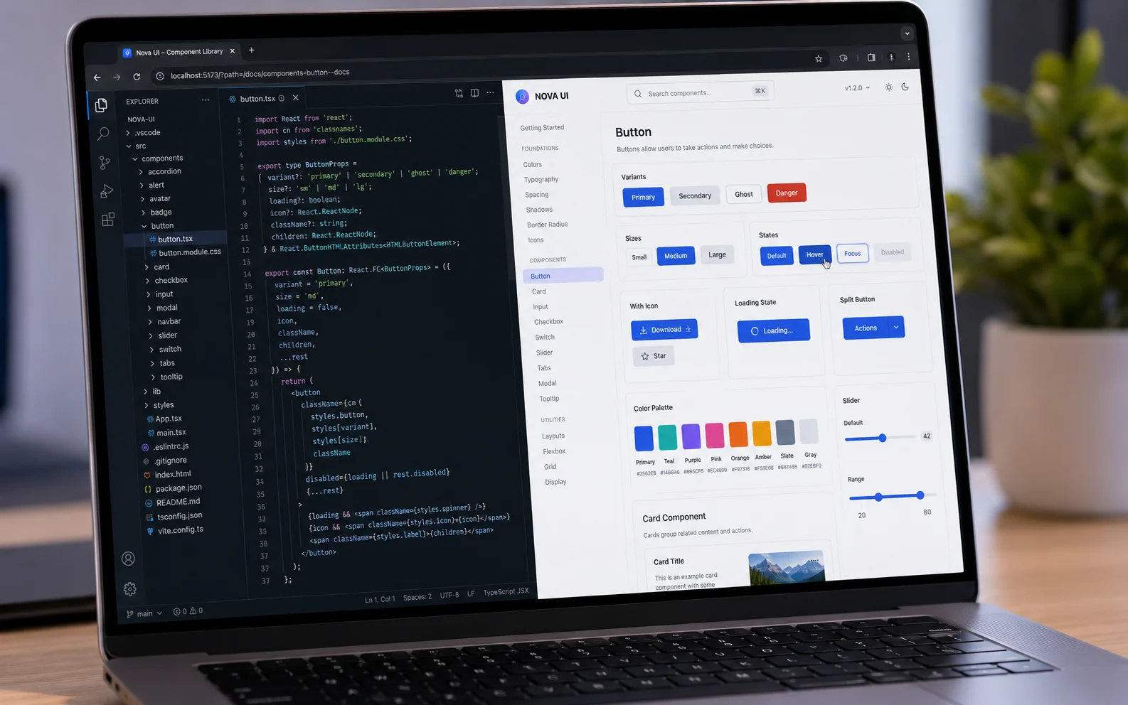 NOVA UI Component Library page showing a split view of code editor and live button demo preview
