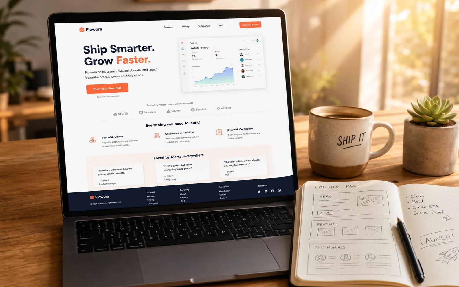 Flowora SaaS landing page on a laptop with a wireframe notebook sketch beside it